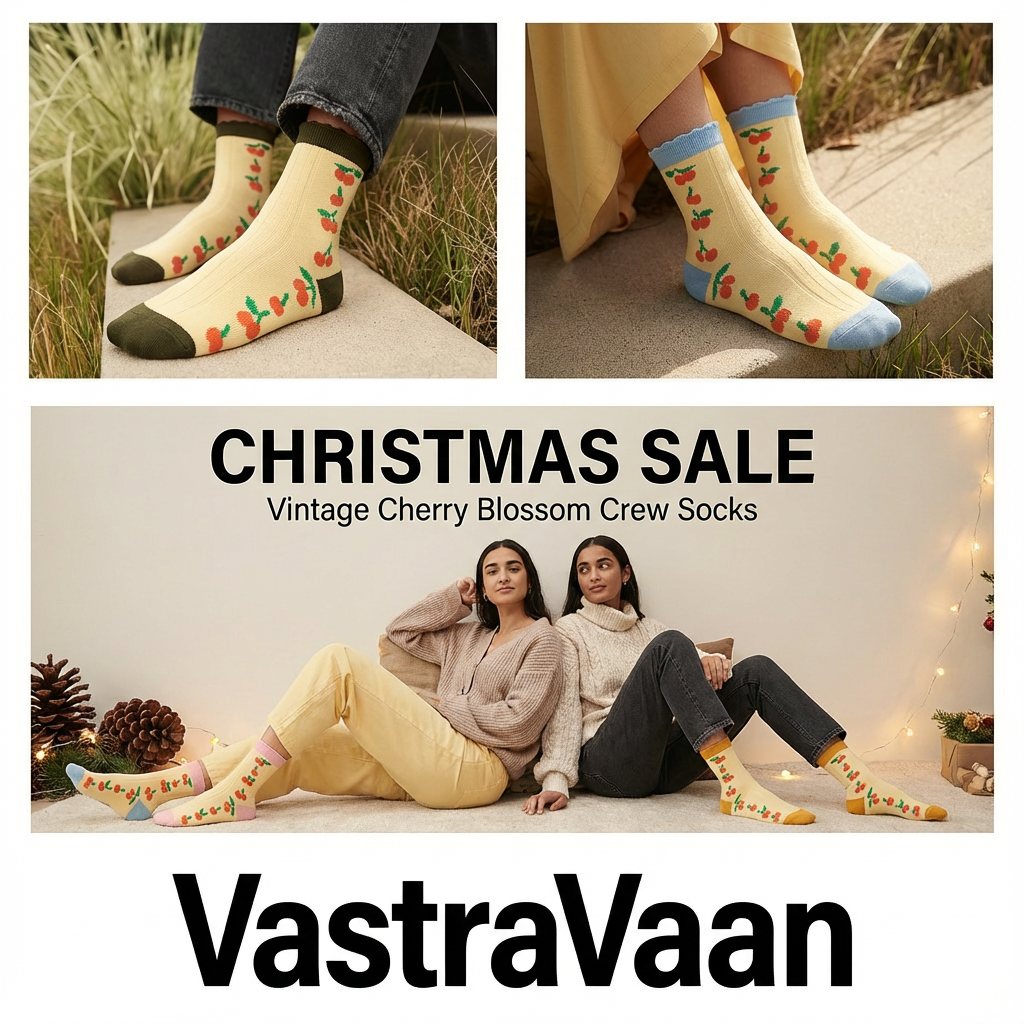 Vintage Cherry Blossom Crew Socks | Retro Fruit Print