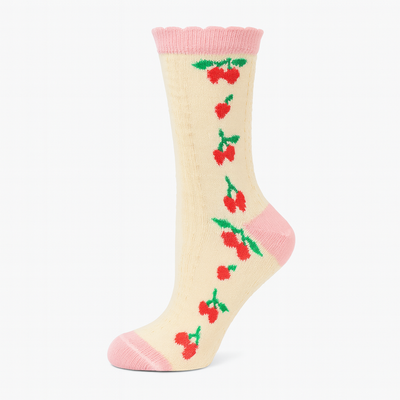 Vintage Cherry Blossom Crew Socks Pink | Retro Fruit Print