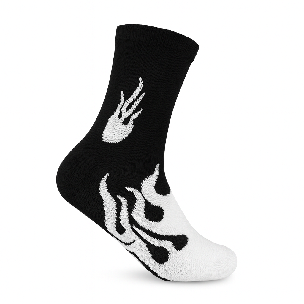 FlameBurst Monochrome Crew Socks – Black & White Fire Design