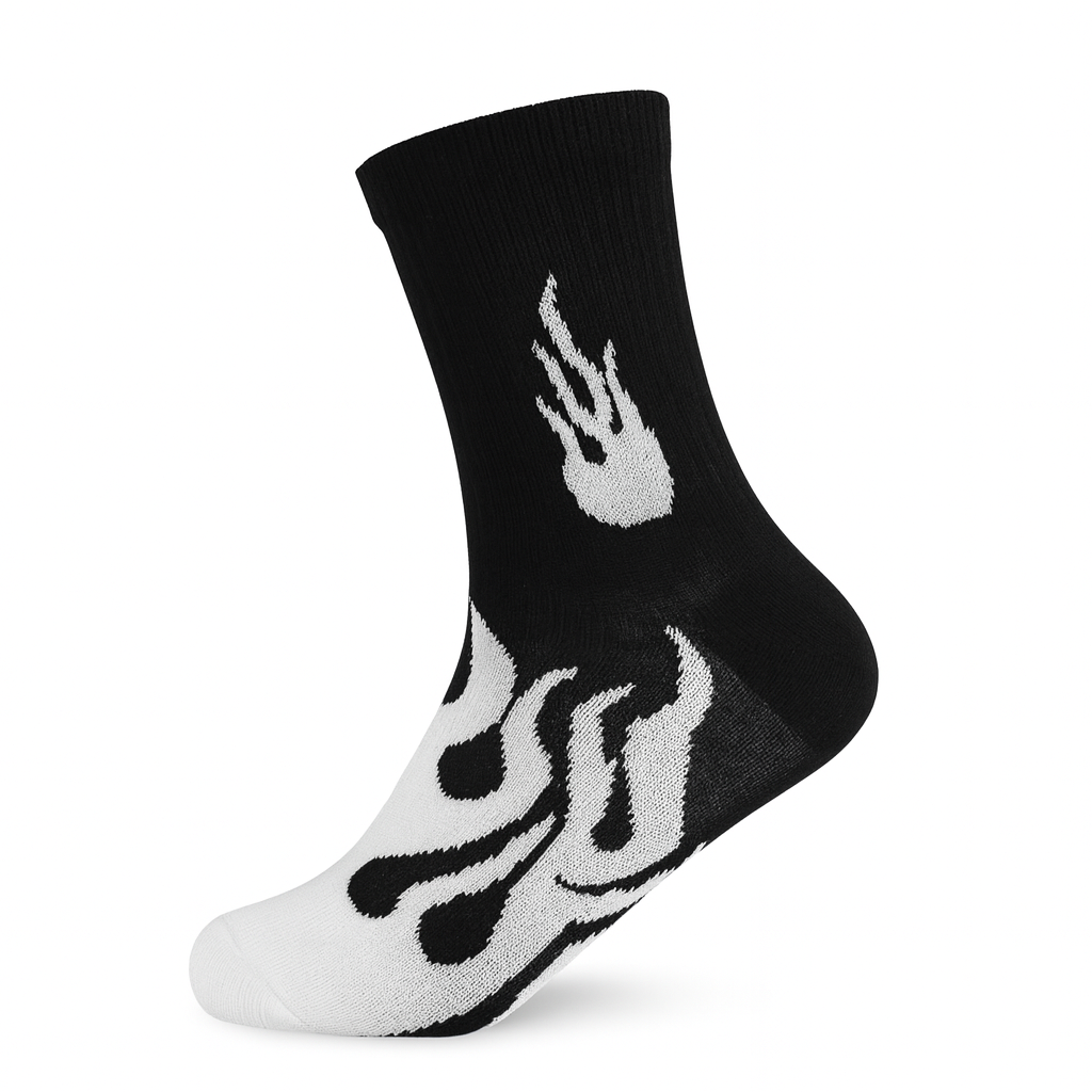 FlameBurst Monochrome Crew Socks – Black & White Fire Design