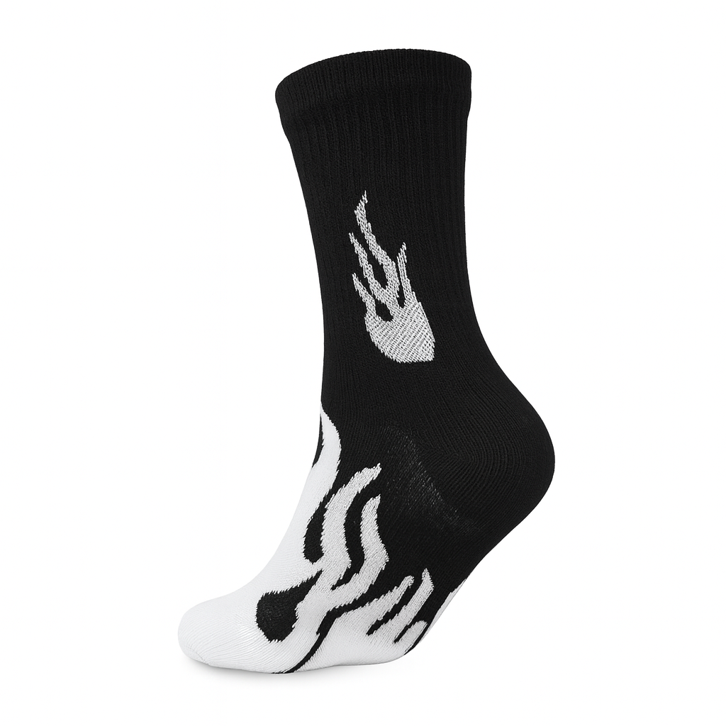 FlameBurst Monochrome Crew Socks – Black & White Fire Design