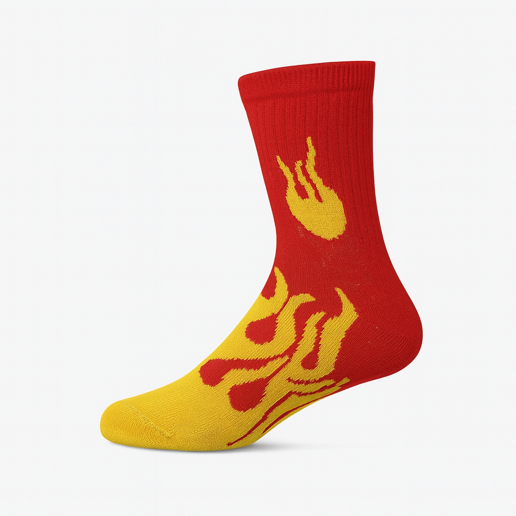 FlameBurst Unisex Crew Socks – Red & Yellow Fire Design