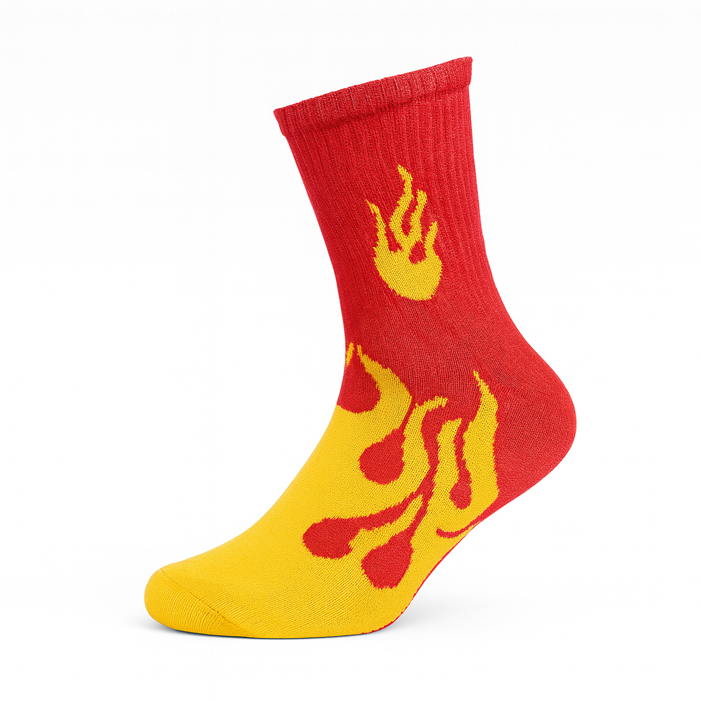 FlameBurst Unisex Crew Socks – Red & Yellow Fire Design