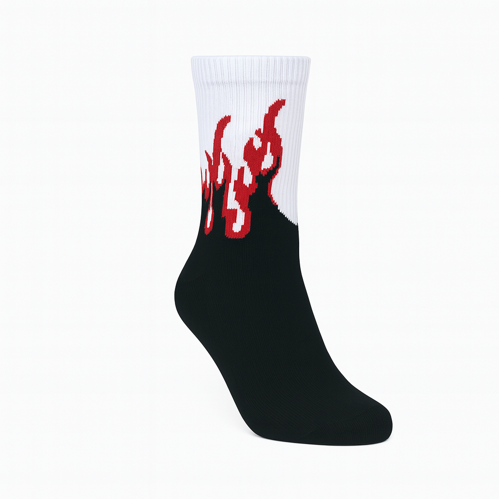 Inferno Blaze Crew Socks Black-White | Streetwear Flame Design