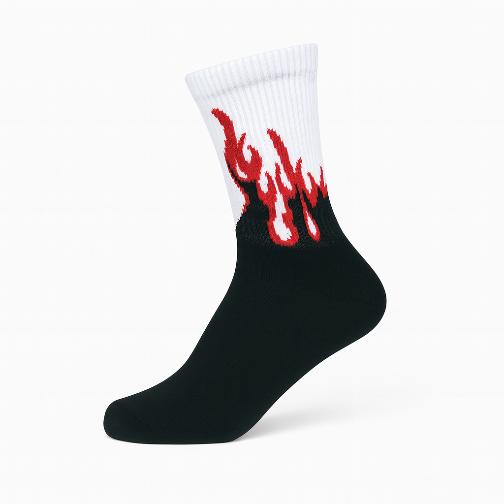 Inferno Blaze Crew Socks Black-White | Streetwear Flame Design