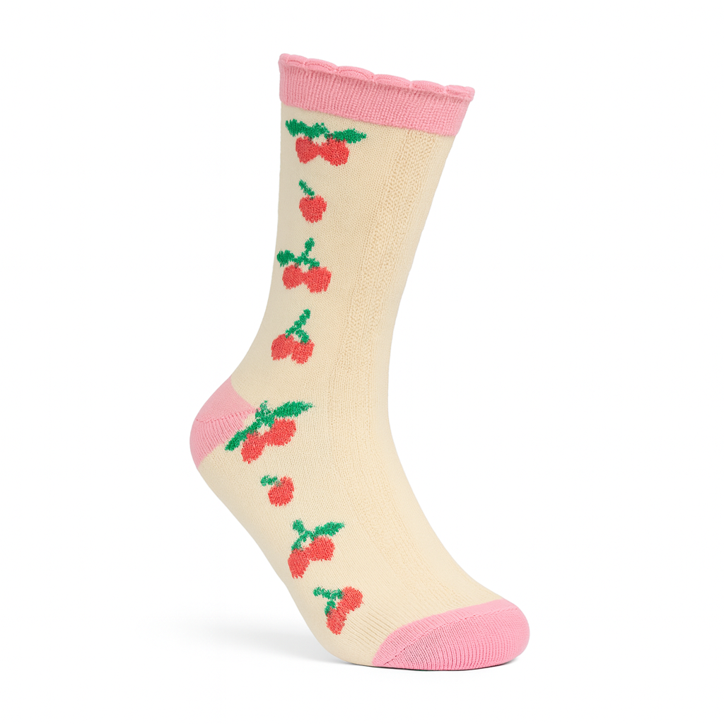 Vintage Cherry Blossom Crew Socks Pink | Retro Fruit Print