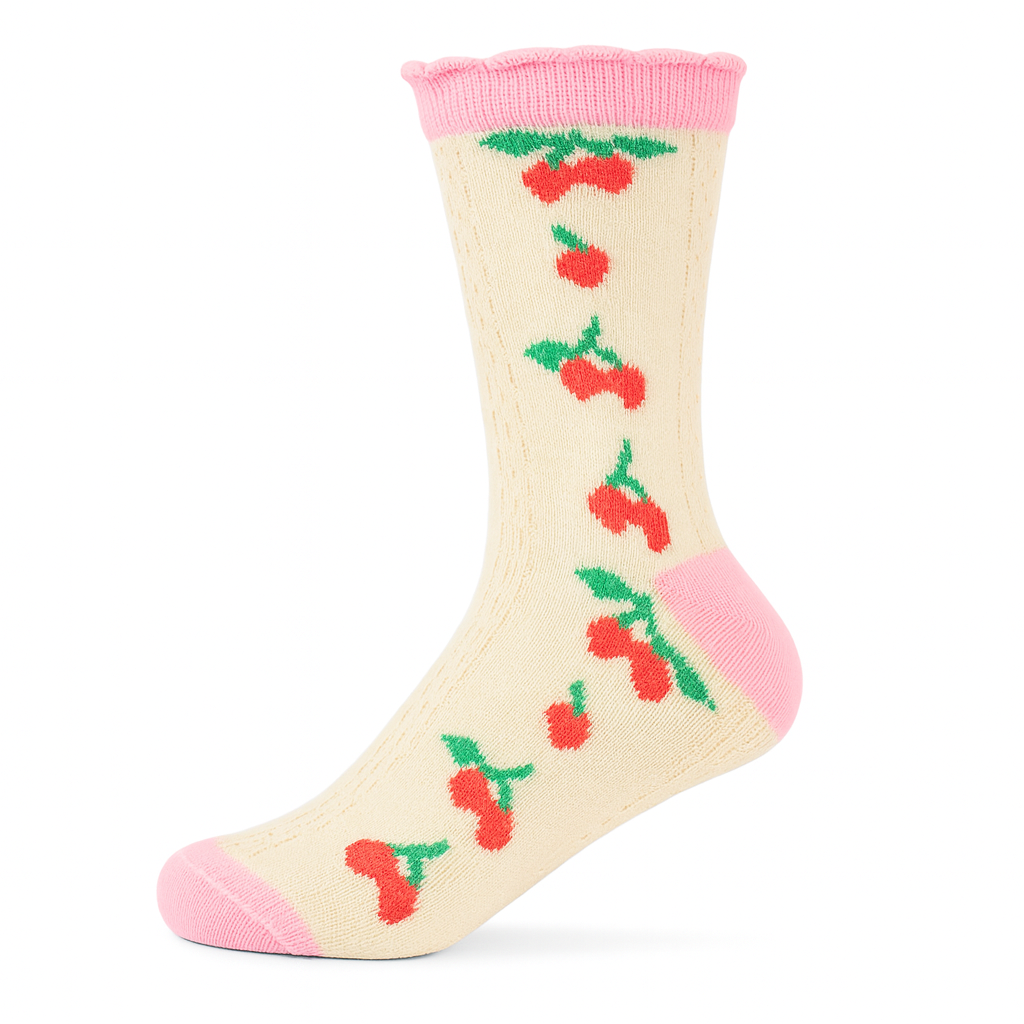 Vintage Cherry Blossom Crew Socks Pink | Retro Fruit Print