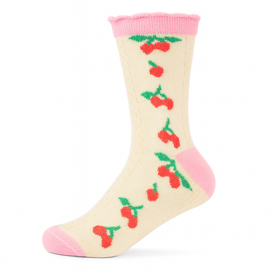 Vintage Cherry Blossom Crew Socks Pink | Retro Fruit Print