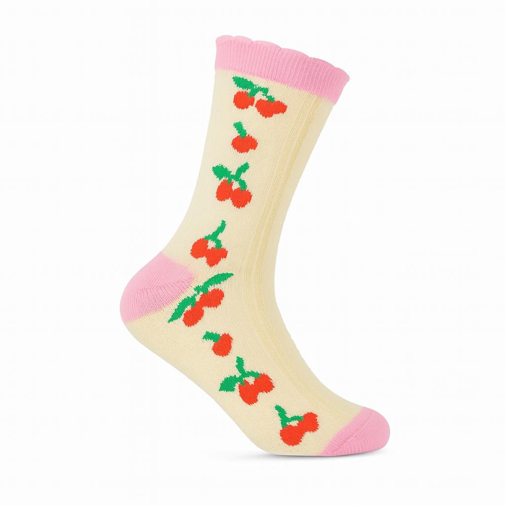 Vintage Cherry Blossom Crew Socks Pink | Retro Fruit Print