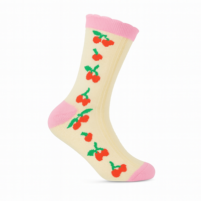 Vintage Cherry Blossom Crew Socks Pink | Retro Fruit Print