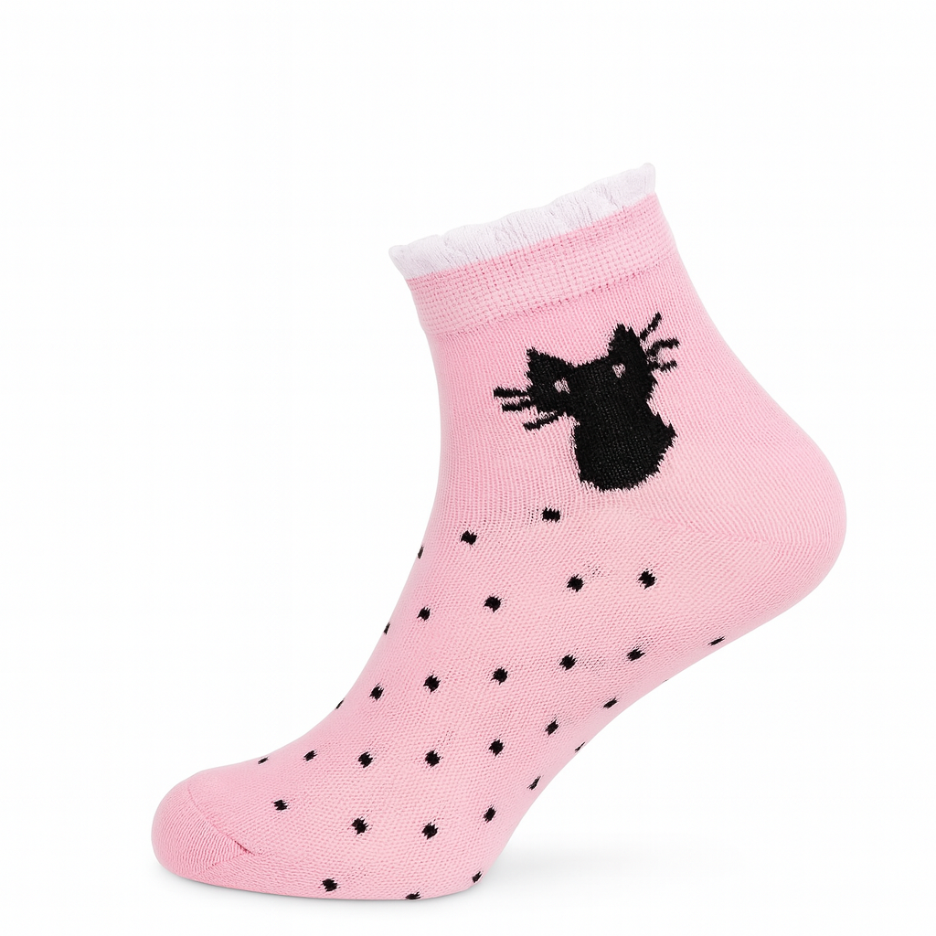 Cute Cat & Polka Dot Ankle Socks (5-Pack) - Pastel Assortment