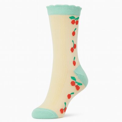 Vintage Cherry Blossom Crew Socks Green | Retro Fruit Print