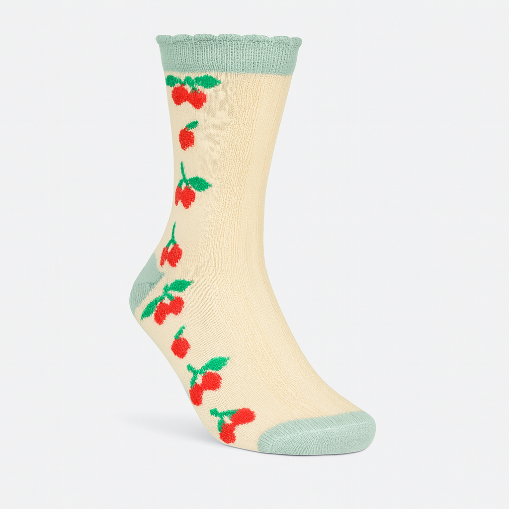 Vintage Cherry Blossom Crew Socks Green | Retro Fruit Print