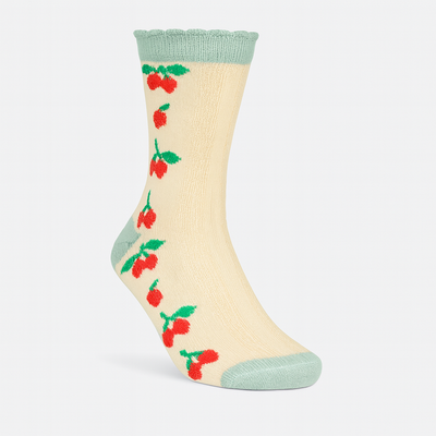 Vintage Cherry Blossom Crew Socks Green | Retro Fruit Print