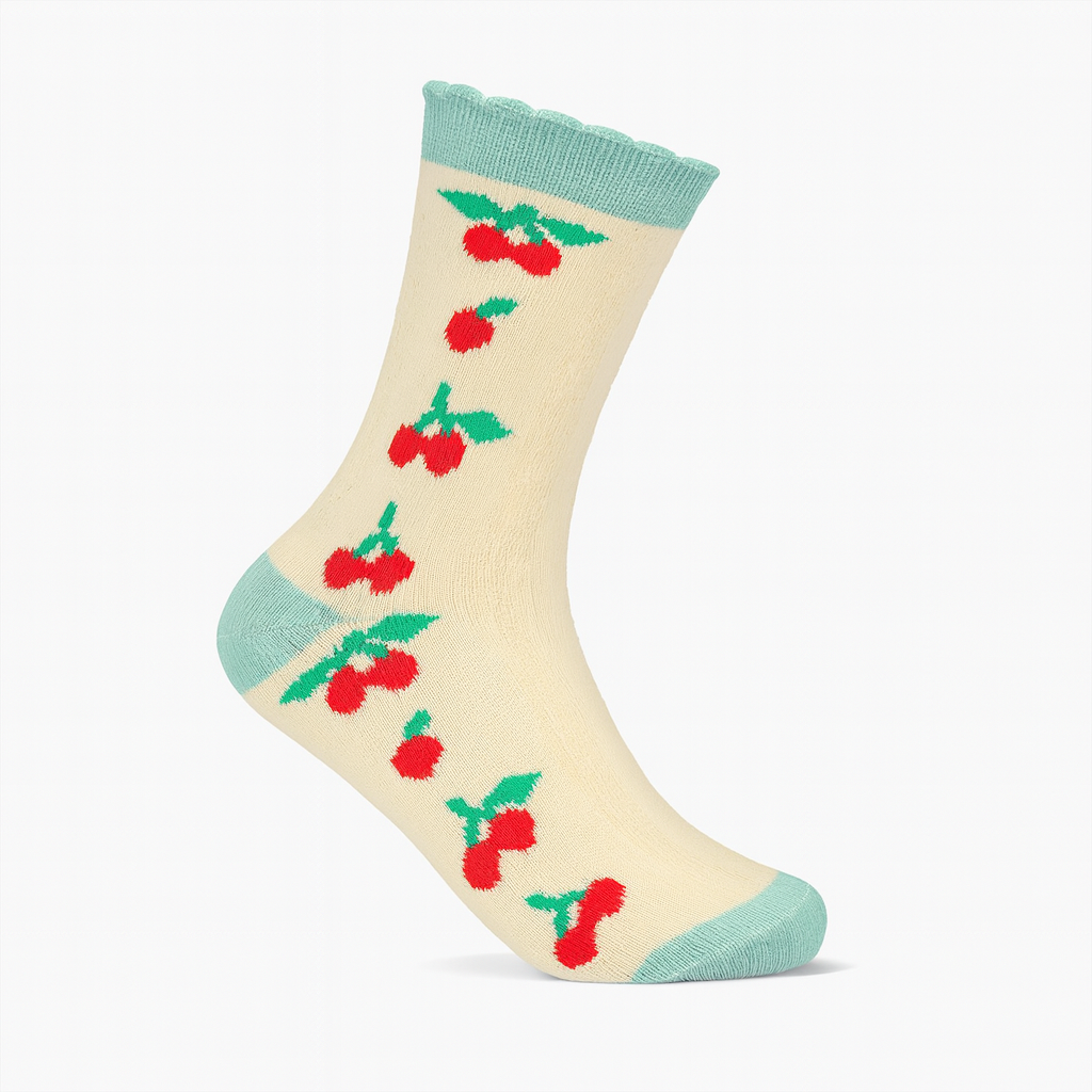 Vintage Cherry Blossom Crew Socks Green | Retro Fruit Print