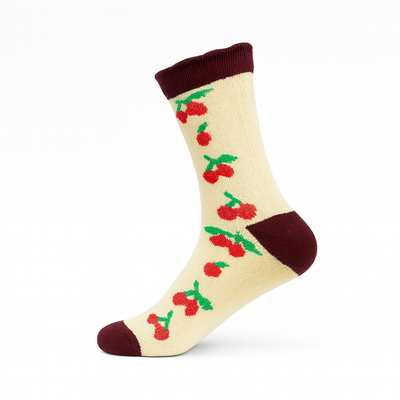 Vintage Cherry Blossom Crew Socks Maroon | Retro Fruit Print