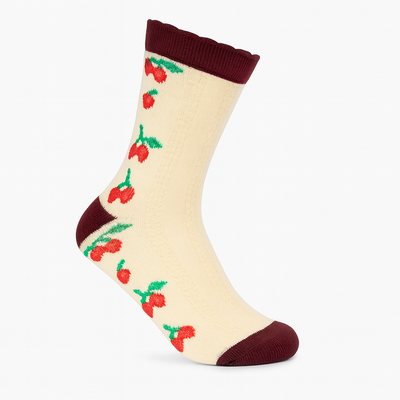 Vintage Cherry Blossom Crew Socks Maroon | Retro Fruit Print
