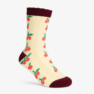 Vintage Cherry Blossom Crew Socks Maroon | Retro Fruit Print