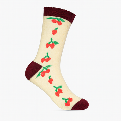 Vintage Cherry Blossom Crew Socks Maroon | Retro Fruit Print