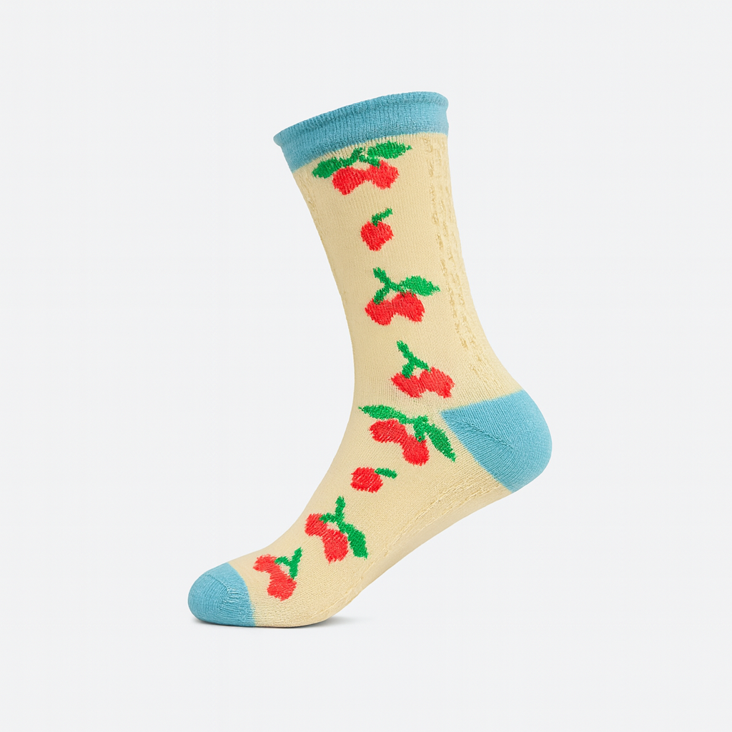 Vintage Cherry Blossom Crew Socks Blue | Retro Fruit Print
