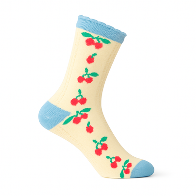 Vintage Cherry Blossom Crew Socks Blue | Retro Fruit Print