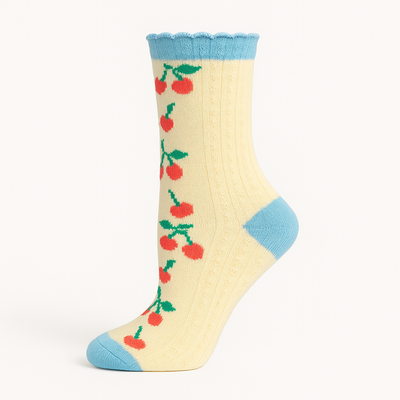 Vintage Cherry Blossom Crew Socks Blue | Retro Fruit Print