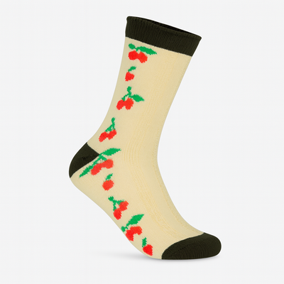 Vintage Cherry Blossom Crew Socks Dark Green | Retro Fruit Print