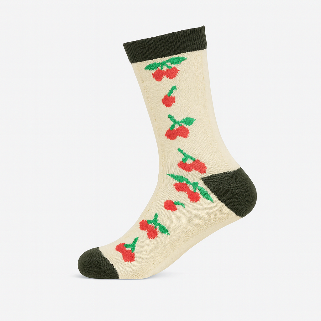 Vintage Cherry Blossom Crew Socks Dark Green | Retro Fruit Print
