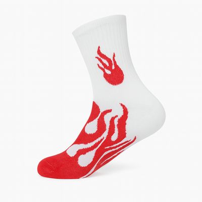 FlameBurst Classic Crew Socks – White & Red Fire Design