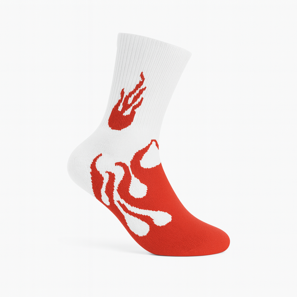 FlameBurst Classic Crew Socks – White & Red Fire Design