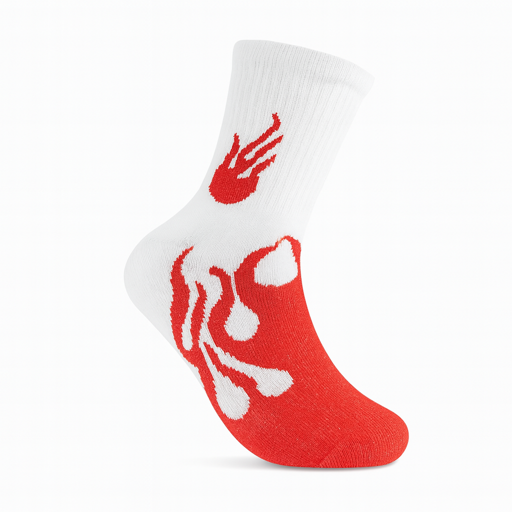 FlameBurst Classic Crew Socks – White & Red Fire Design