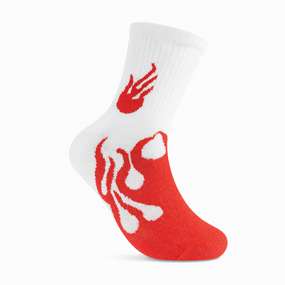 FlameBurst Classic Crew Socks – White & Red Fire Design