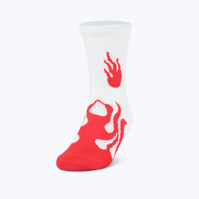 FlameBurst Classic Crew Socks – White & Red Fire Design