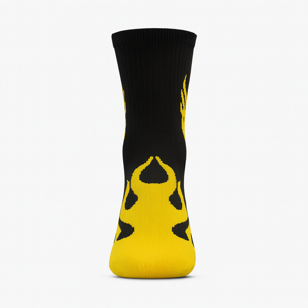 FlameBurst Nitro Crew Socks – Black & Yellow Fire Design
