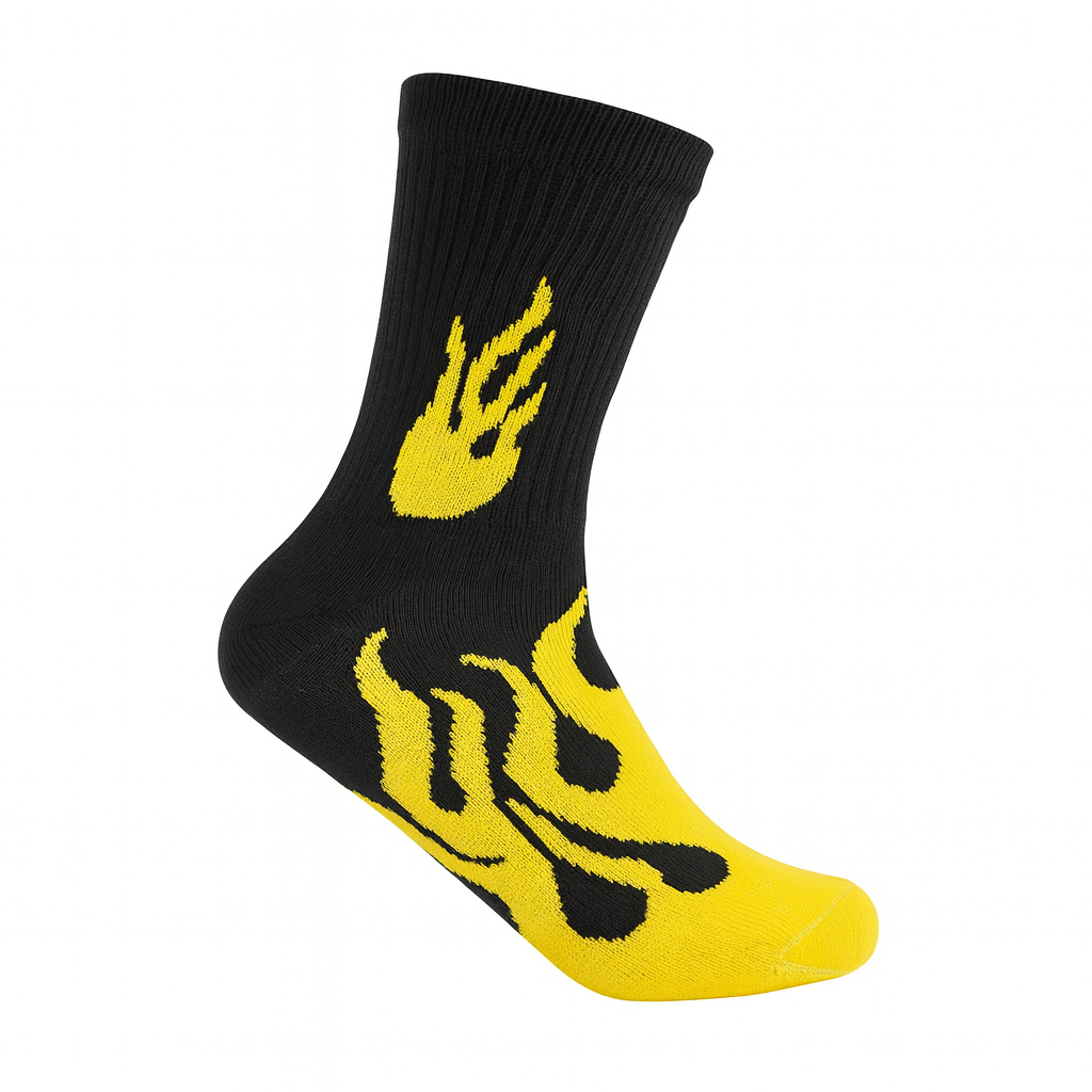 FlameBurst Nitro Crew Socks – Black & Yellow Fire Design