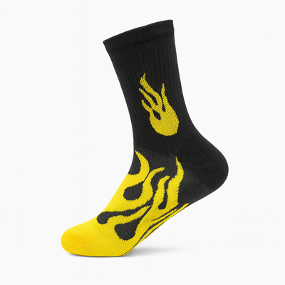 FlameBurst Nitro Crew Socks – Black & Yellow Fire Design