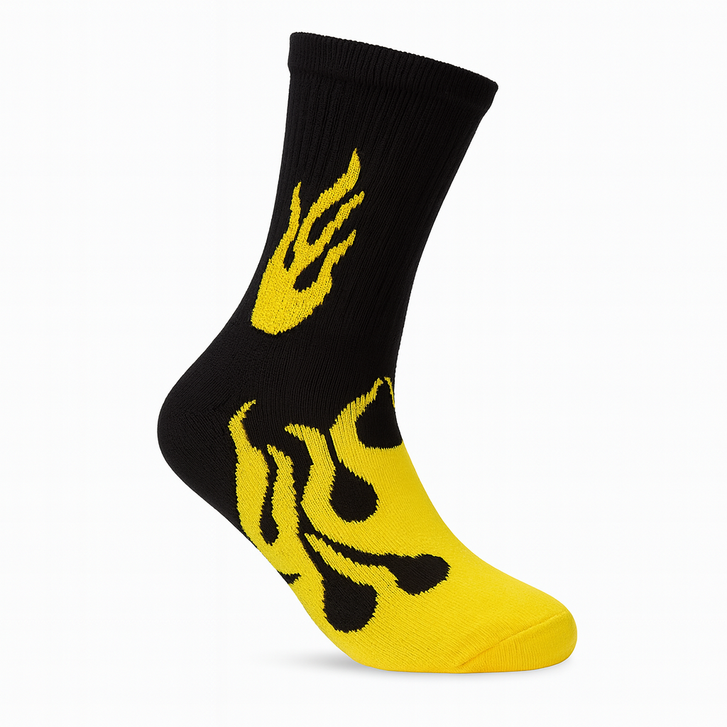 FlameBurst Nitro Crew Socks – Black & Yellow Fire Design