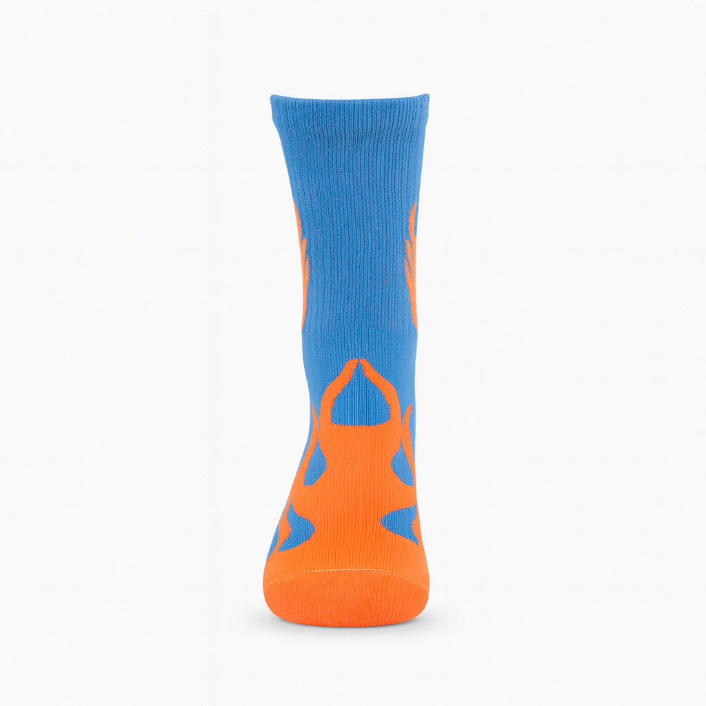 FlameBurst DuoTone Crew Socks – Blue & Orange Fire Design