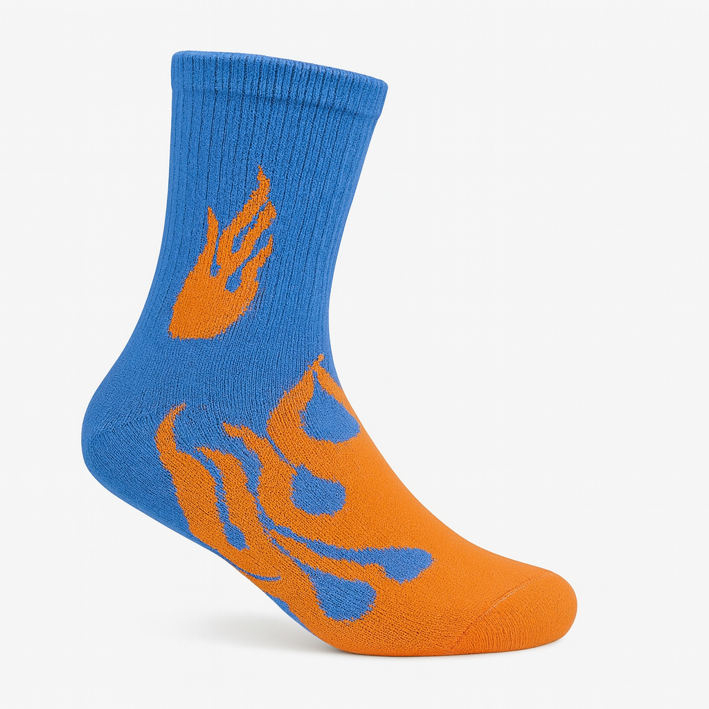 FlameBurst DuoTone Crew Socks – Blue & Orange Fire Design