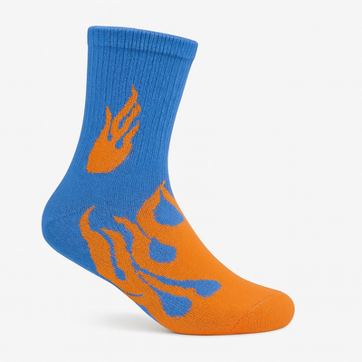 FlameBurst DuoTone Crew Socks – Blue & Orange Fire Design
