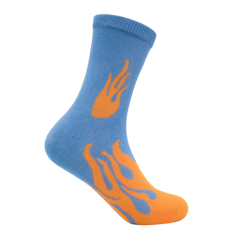FlameBurst DuoTone Crew Socks – Blue & Orange Fire Design