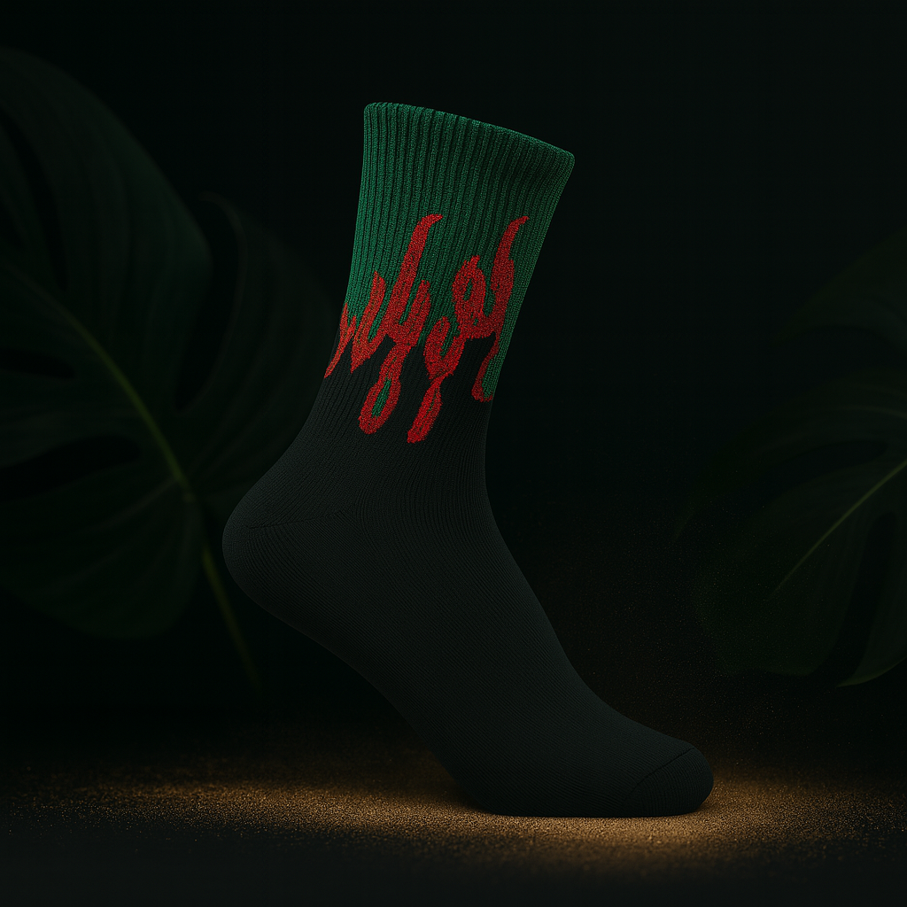 Inferno Blaze Crew Socks Black-Green | Streetwear Flame Design