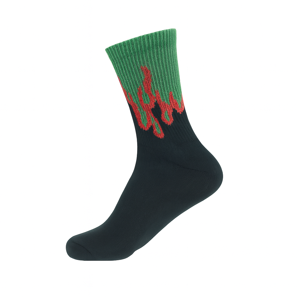 Inferno Blaze Crew Socks Black-Green | Streetwear Flame Design