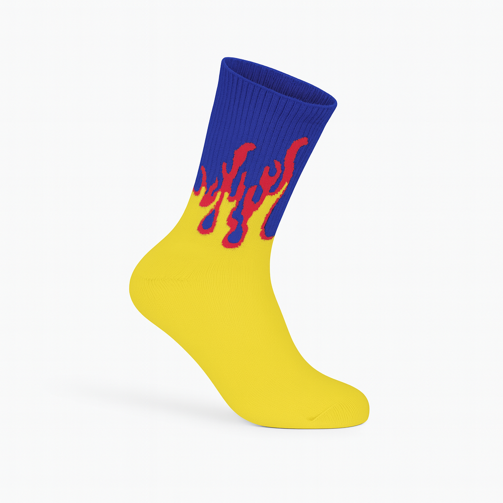 Inferno Blaze Crew Socks Yellow-Blue | Streetwear Flame Design