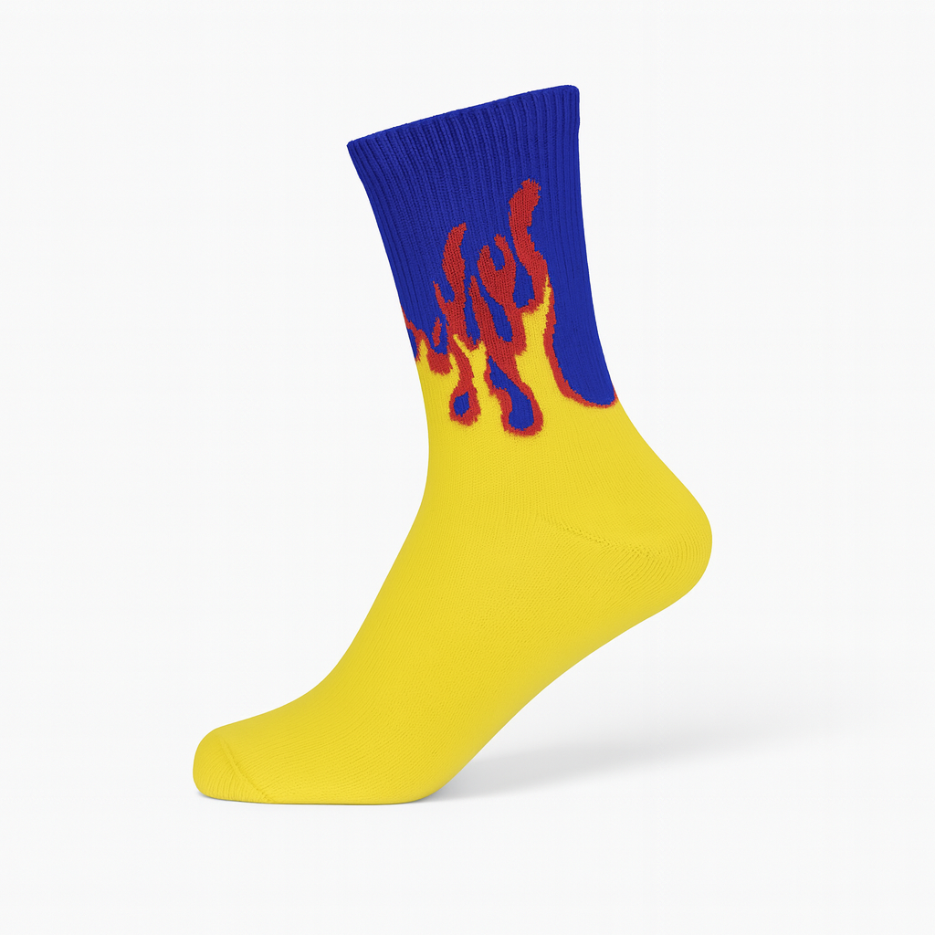 Inferno Blaze Crew Socks Yellow-Blue | Streetwear Flame Design