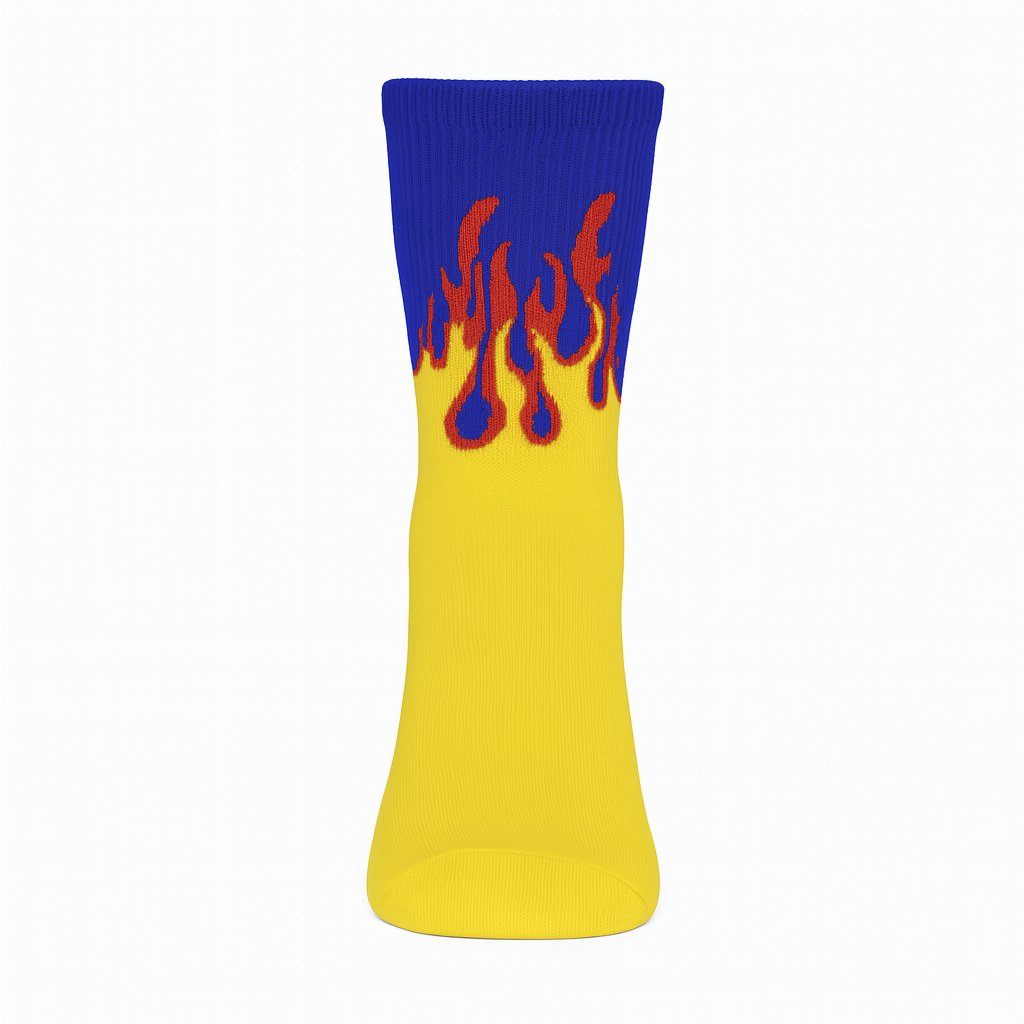 Inferno Blaze Crew Socks Yellow-Blue | Streetwear Flame Design