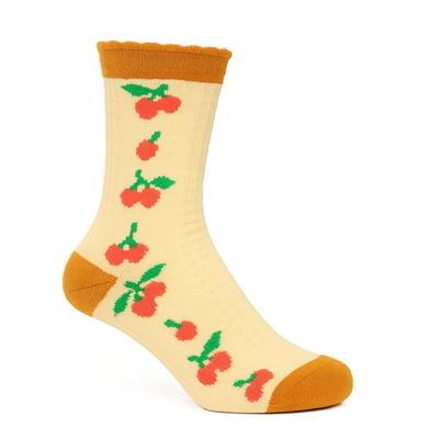 Vintage Cherry Blossom Crew Socks Brown | Retro Fruit Print