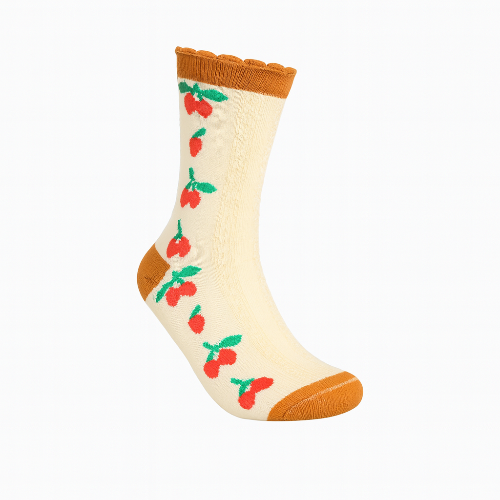 Vintage Cherry Blossom Crew Socks Brown | Retro Fruit Print