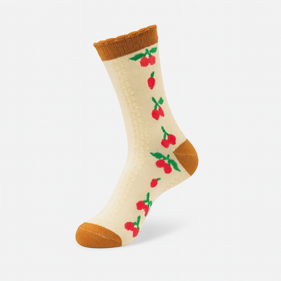Vintage Cherry Blossom Crew Socks Brown | Retro Fruit Print