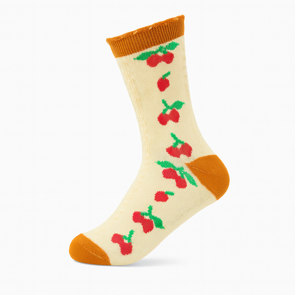 Vintage Cherry Blossom Crew Socks Brown | Retro Fruit Print